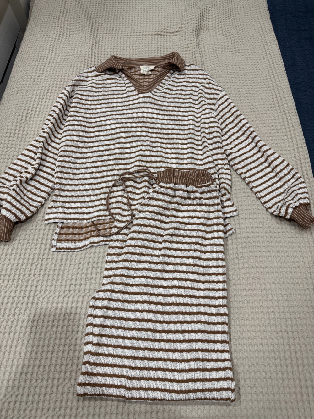 Striped Brown & Cream Knit Sweater Set - Classic Cozy Style